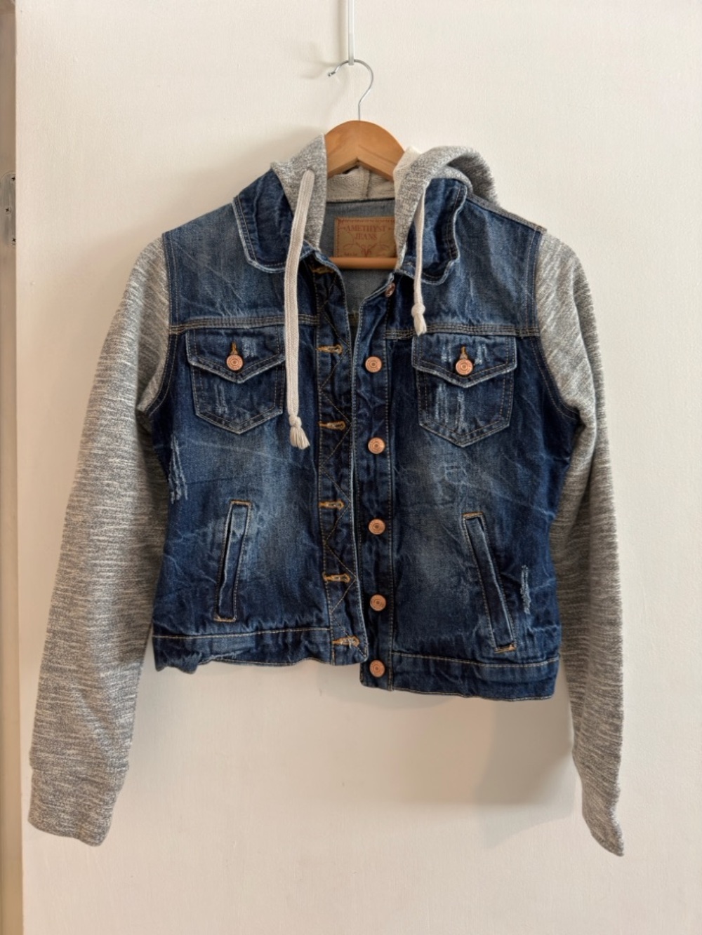 Amethyst Jeans Blue Denim Jacket with Gray Hooded Knit Sleeves